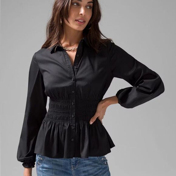 White House Black Market Tops - White House, black market Elegant Smocked Waist Poplin Shirt Black Top s XXS
